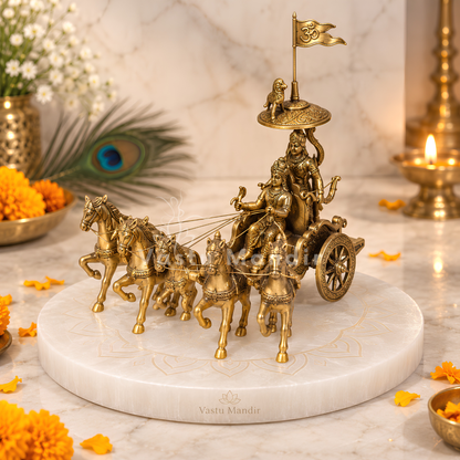 Krishna and Arjuna's Pure Brass 4-Horses Rath Statue Idol Decorative Showpiece for Home, Office, Living Room by Vastu Mandir | 24 x 18 x 23cm | 2.35 kg 