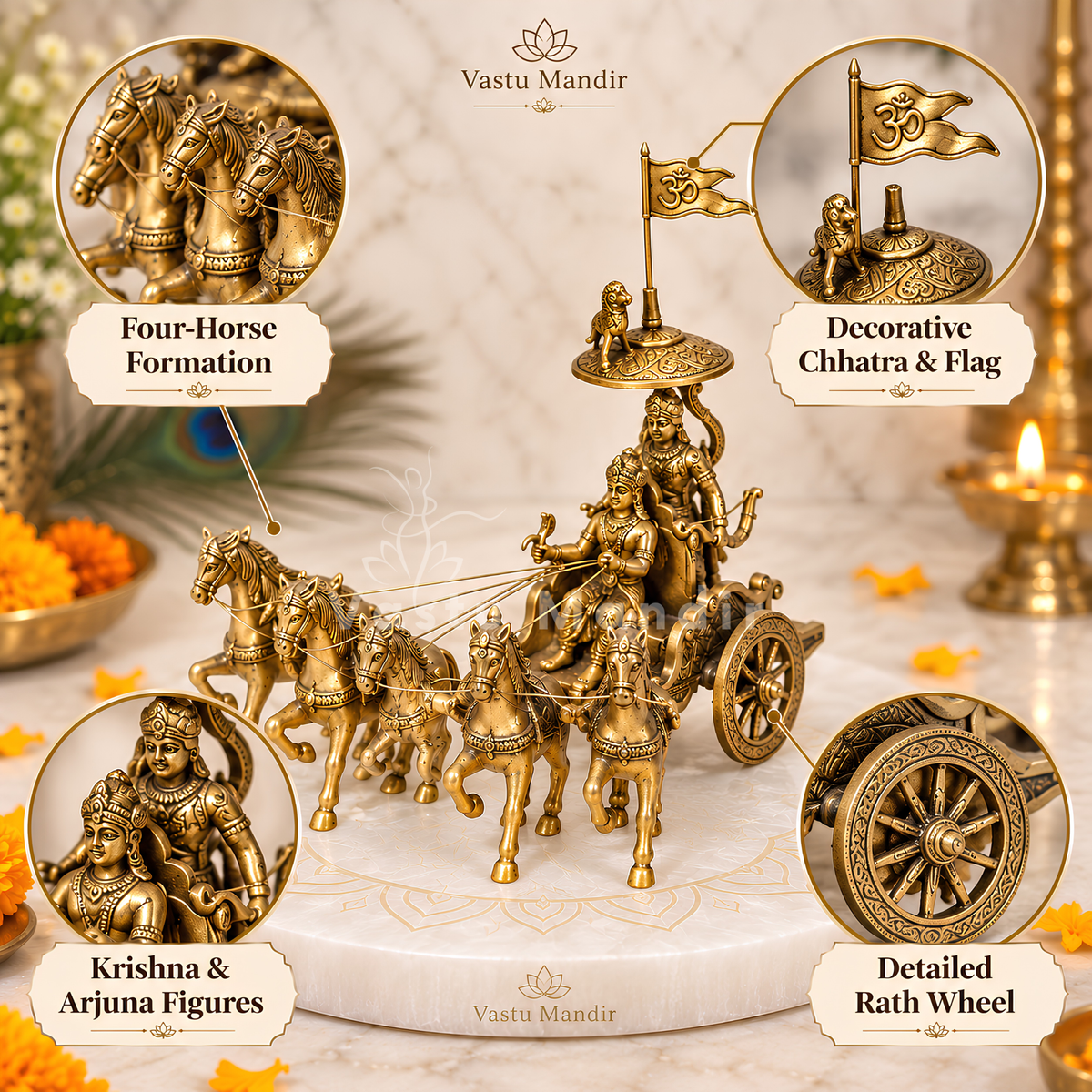 Krishna and Arjuna's Pure Brass 4-Horses Rath Statue Idol Decorative Showpiece for Home, Office, Living Room by Vastu Mandir | 24 x 18 x 23cm | 2.35 kg 