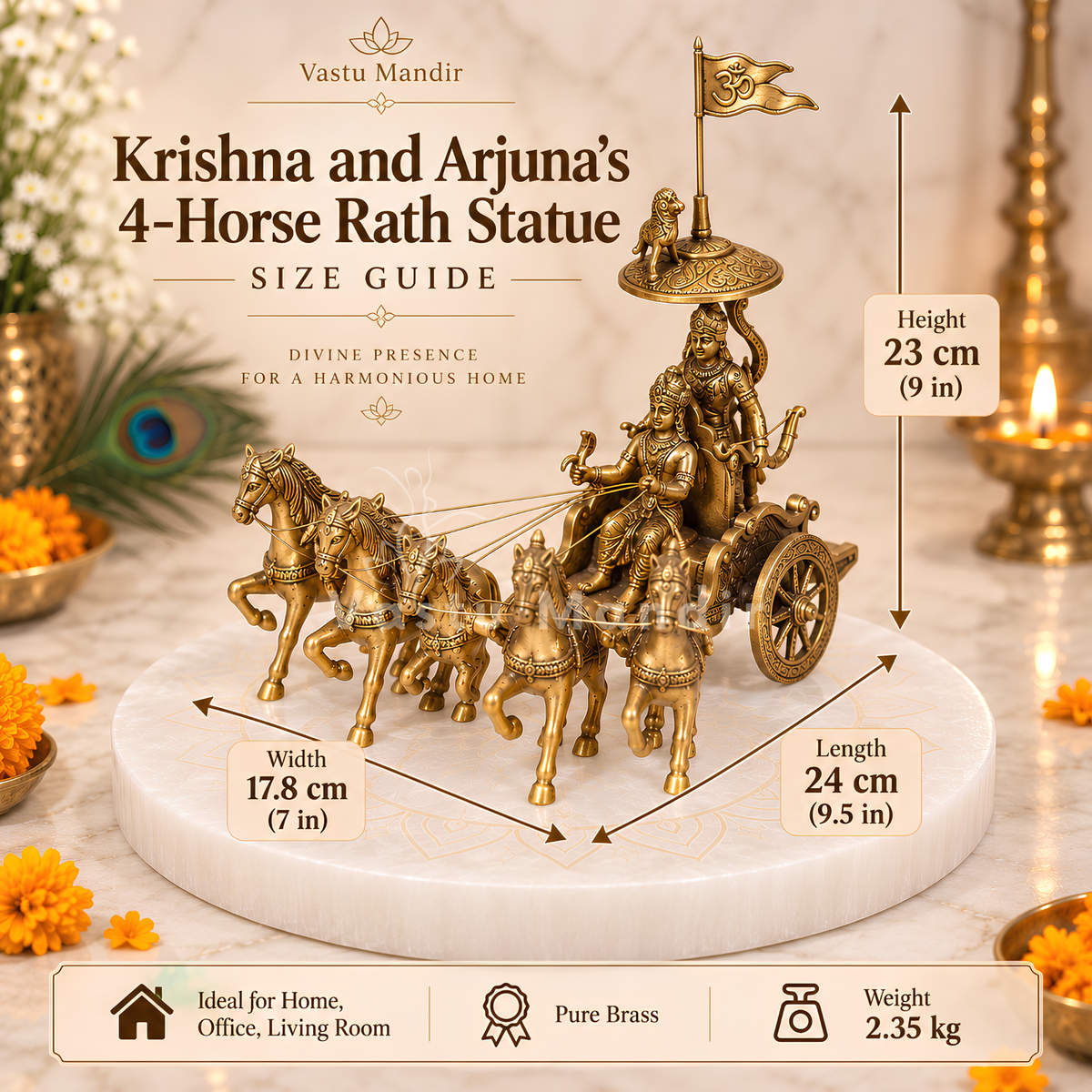 Krishna and Arjuna's Pure Brass 4-Horses Rath Statue Idol Decorative Showpiece for Home, Office, Living Room by Vastu Mandir | 24 x 18 x 23cm | 2.35 kg 