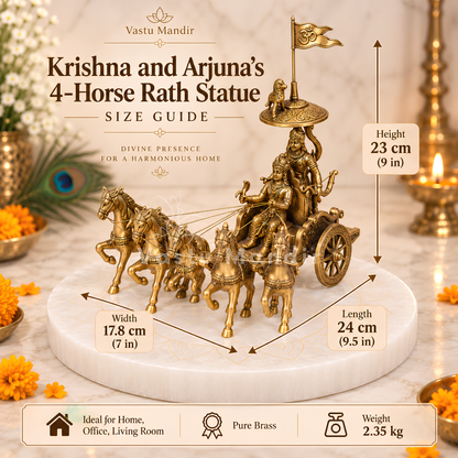 Krishna and Arjuna's Pure Brass 4-Horses Rath Statue Idol Decorative Showpiece for Home, Office, Living Room by Vastu Mandir | 24 x 18 x 23cm | 2.35 kg 