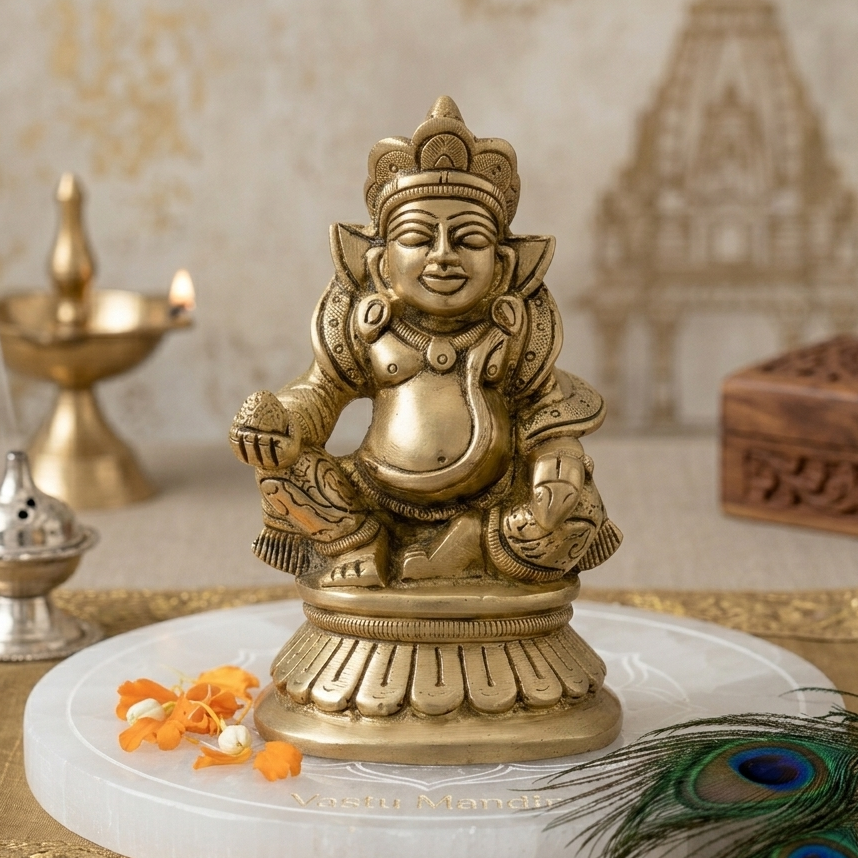 Kuber Ji (कुबेर जी) idol on a white platform with decorative elements in the background