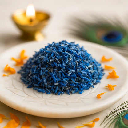Blue decorative rice on a white plate with a blurred background
