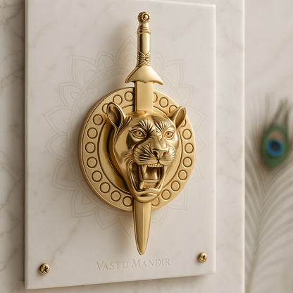 Brass Lion with Talwar on a marble surface with 'Vastu Mandir' branding.