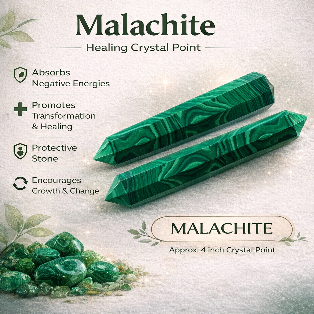 Two malachite crystal points with descriptive text on a light background