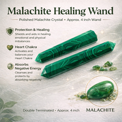 Malachite Healing Wand with text on benefits and properties on a light background