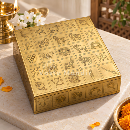 Brass Manjusha Yantra Box with Partition – Vastu Remedy for Brahmasthan Correction | 16-Compartment Energy Organizer with 45 Devta Symbols | 5 & 9 Inch Sizes