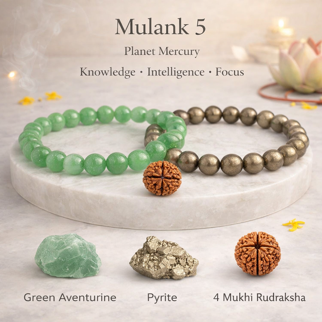 4 Mukhi Rudraksha (Mercury Seed), Green Aventurine (Opportunity Crystal), Pyrite Bracelet (Wealth Magnet)
