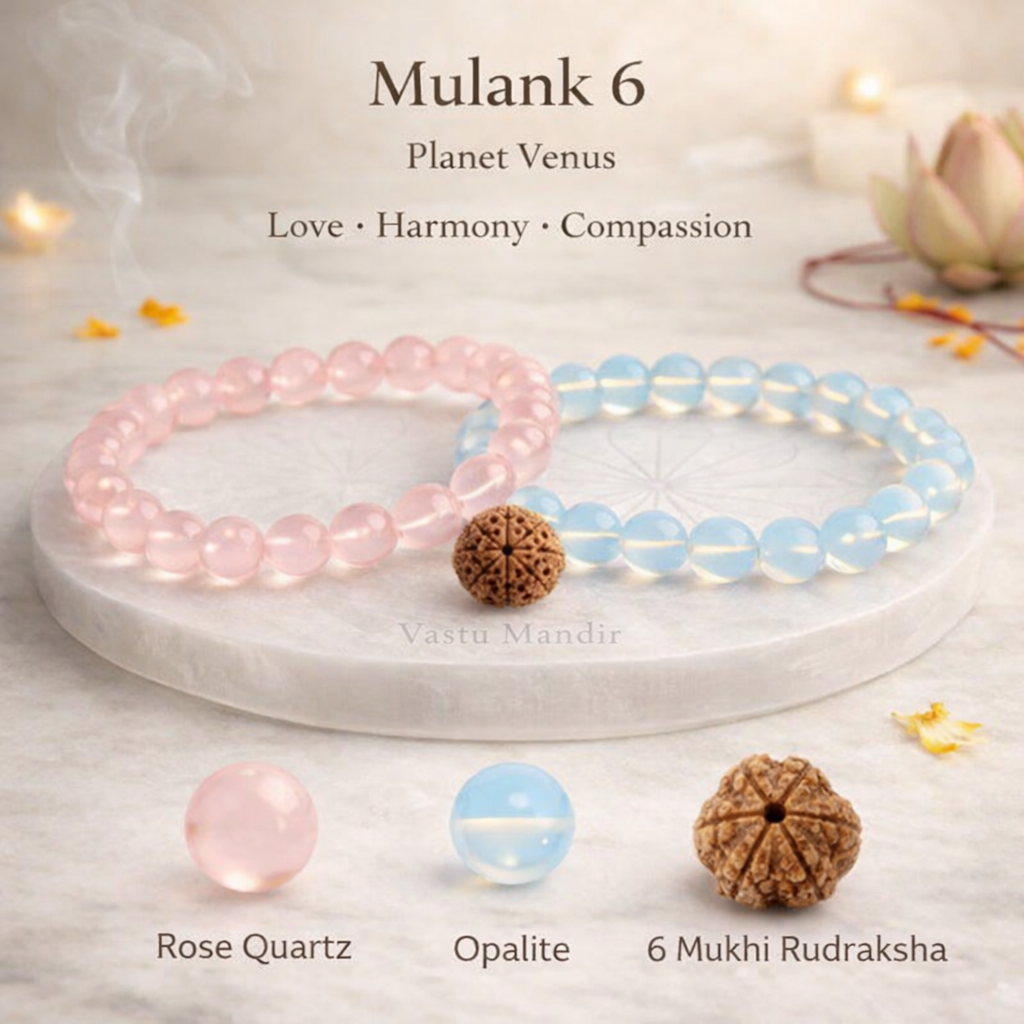 Two beaded bracelets on a marble tray with 'Mulank 6' text and product details.