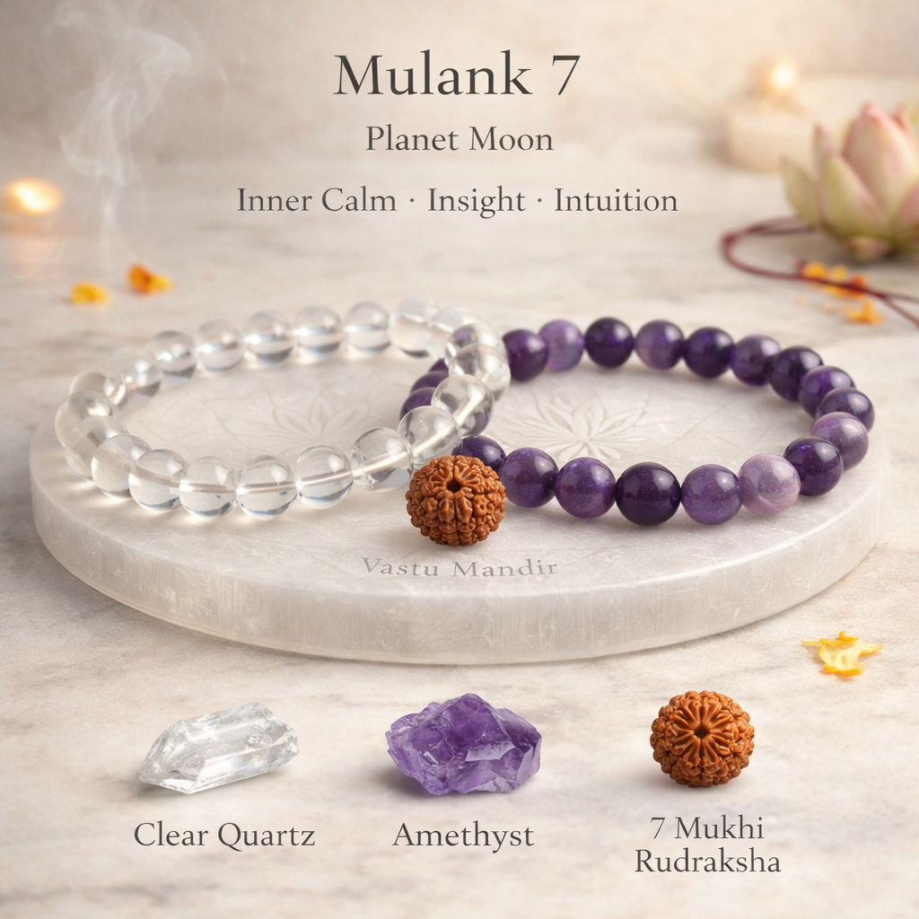 Two bracelets on a stone surface with crystals and text about 'Mulank 7' and 'Vastu Mandir'.