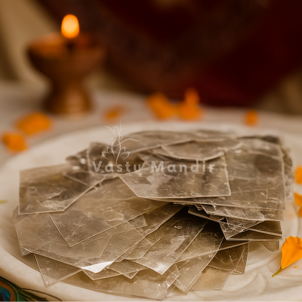 Muscovite mica crystal chips on a white plate with 'Vastu Mandir' branding, blurred candle in the background.