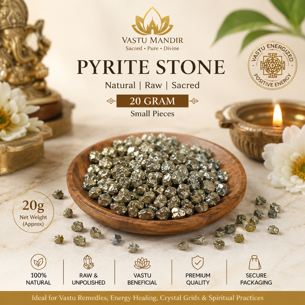 Pyrite stone in a wooden bowl with Vastu Mandir branding and product details.