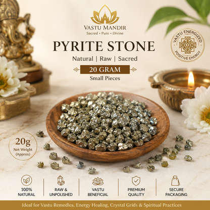 Pyrite stone in a wooden bowl with Vastu Mandir branding and product details.