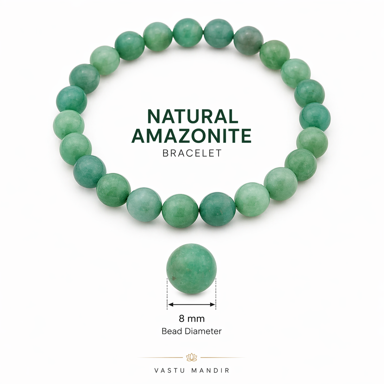 Green beaded bracelet with 'Natural Amazonite' text on a white background