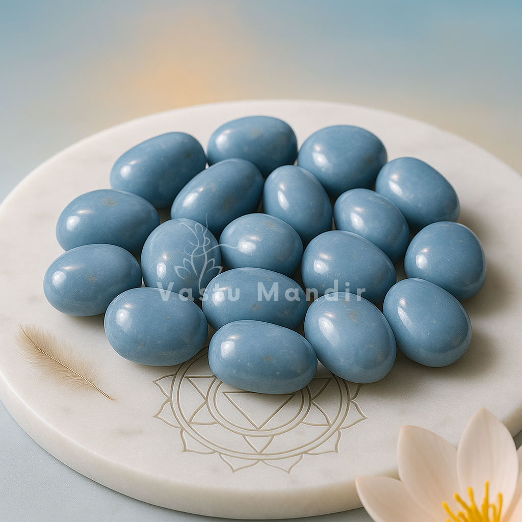 Natural Angelite Tumbled Stones on a white plate with 'Vastu Mandir' branding, featuring a lotus flower.
