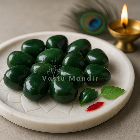 Natural Green Jade Tumbled Stones on a decorative plate with a candle and peacock feather in the background, branded 'Vastu Mandir'.