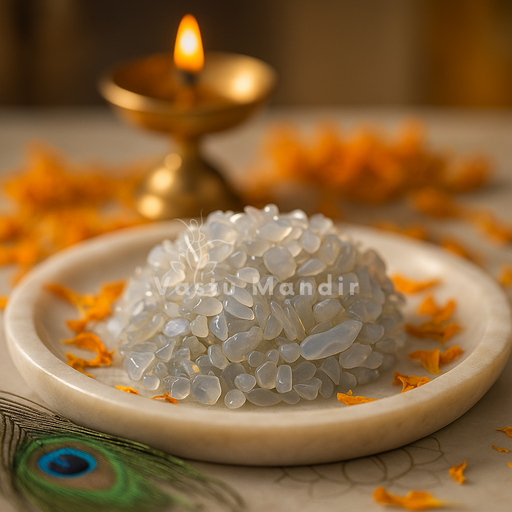 Decorative arrangement with Opalite Chips, orange flowers, and a lit lamp on a textured surface.
