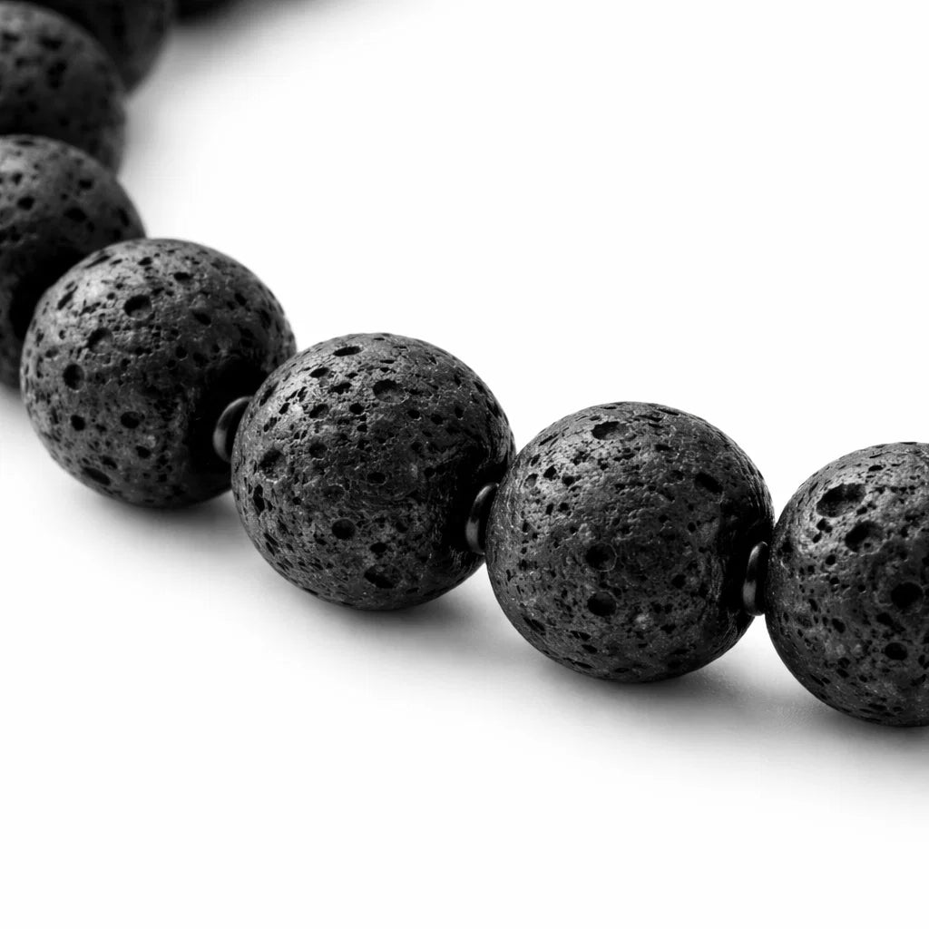Natural volcanic lava bracelet displayed in a clos up to shocase the beads
