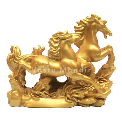 Gold horse sculpture on a white background with 'Vastu Mandir' branding.