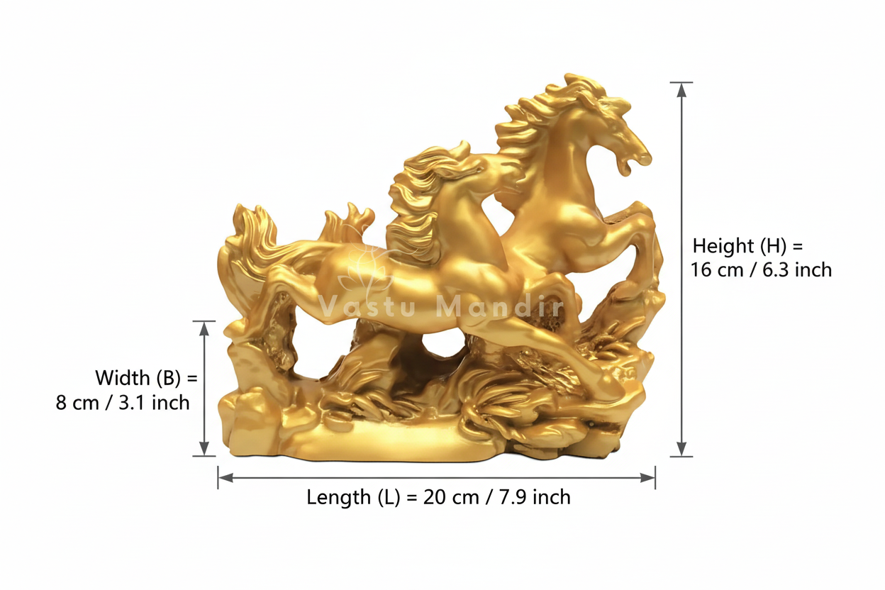 Radiant Golden Running Horses Pair Resin Sculpture Vastu Remedy for Prosperity, Opportunity Attraction and Business Growth for Office Desk, Living Room and Home Decor | 20 x 8 x 16 cm | 550 gm