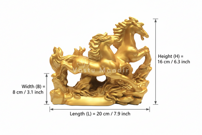 Radiant Golden Running Horses Pair Resin Sculpture Vastu Remedy for Prosperity, Opportunity Attraction and Business Growth for Office Desk, Living Room and Home Decor | 20 x 8 x 16 cm | 550 gm