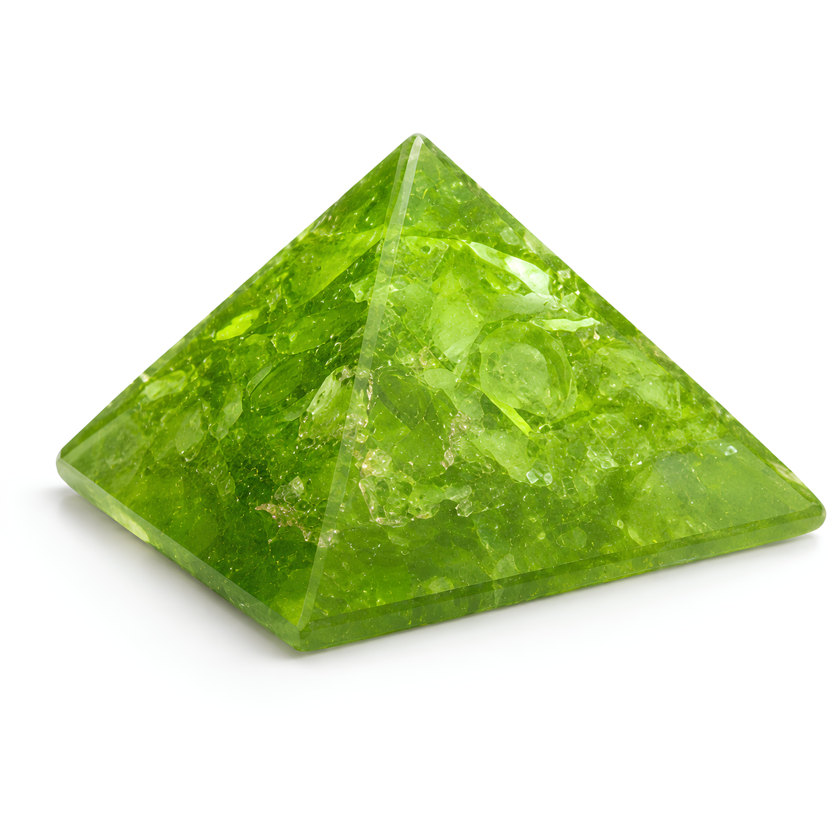 Peridot Orgone Pyramid, orgonite – close product view highlighting material texture