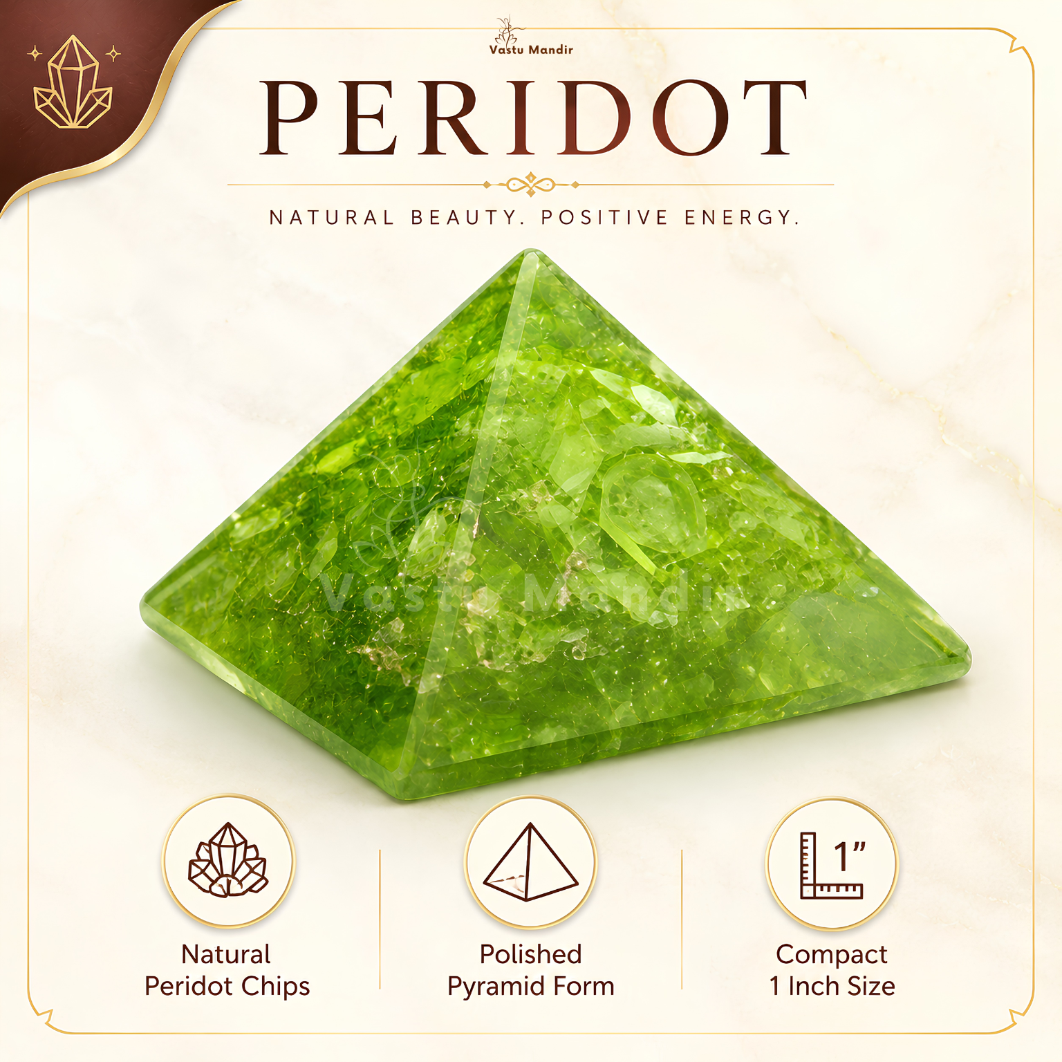 Peridot Orgone Pyramid, orgonite – side profile showing the pyramid height and slope
