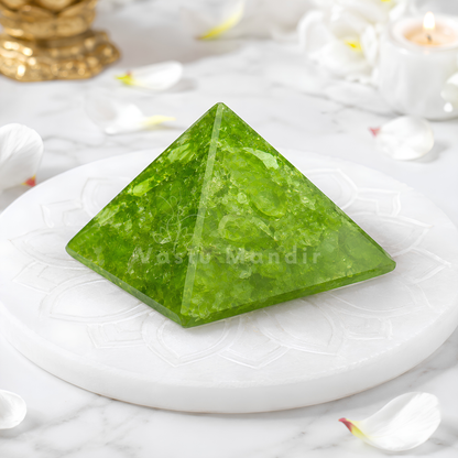 Peridot Orgone Pyramid, orgonite – front-left angled view showing two pyramid faces