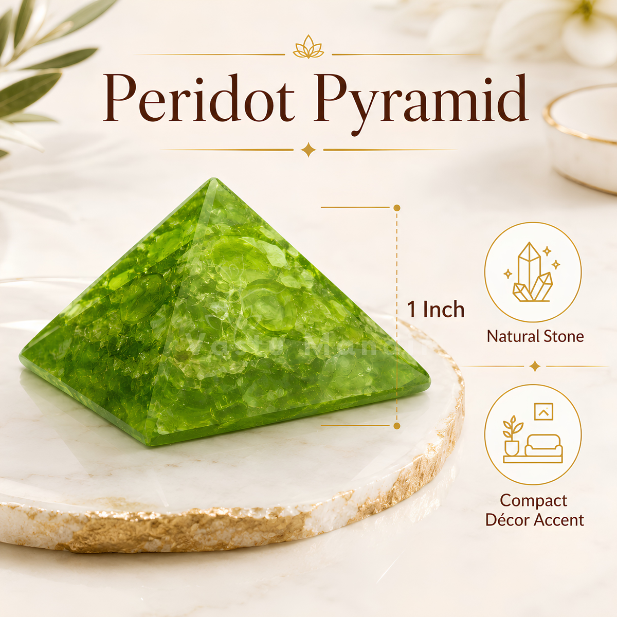 Peridot Orgone Pyramid, orgonite – front-right angled view showing the opposite side