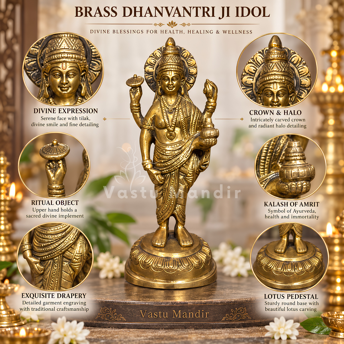 Pure Brass Dhanvantri Ji Idol Vastu Remedy for Health, Healing and Positive Energy for Home and Office | 9 x 3.5 x 20 cm | 1.10 kg