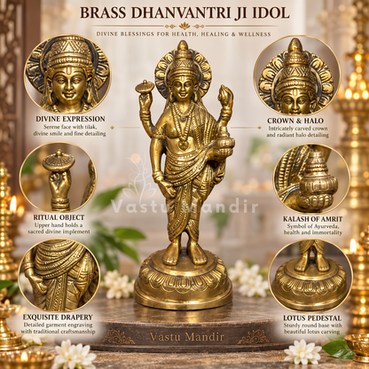 Pure Brass Dhanvantri Ji Idol Vastu Remedy for Health, Healing and Positive Energy for Home and Office | 9 x 3.5 x 20 cm | 1.10 kg
