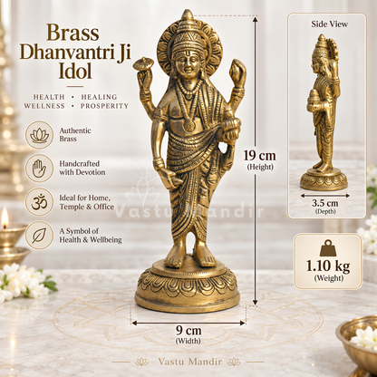Pure Brass Dhanvantri Ji Idol Vastu Remedy for Health, Healing and Positive Energy for Home and Office | 9 x 3.5 x 20 cm | 1.10 kg