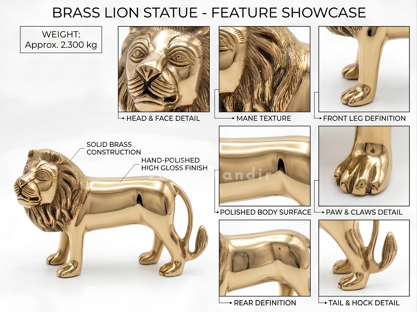 Brass Lion Idol Statue for Home, Office, Vastu Remedy & Decorative Showpiece | 22 × 15 cm | 2.300 kg