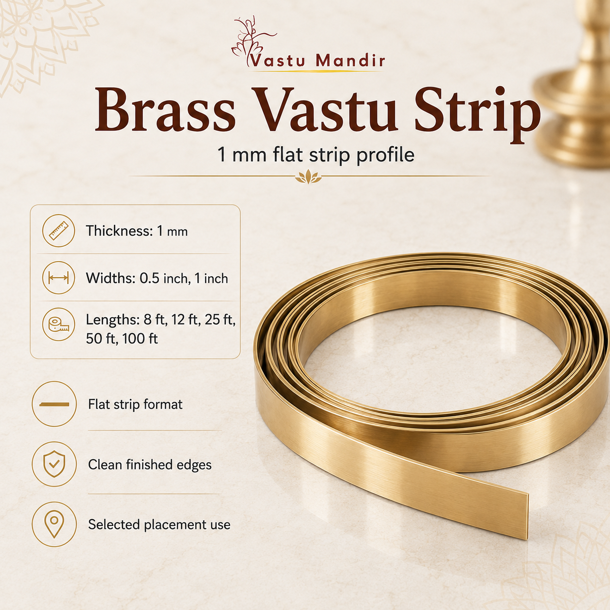 Brass Vastu Strip with product details on a beige background