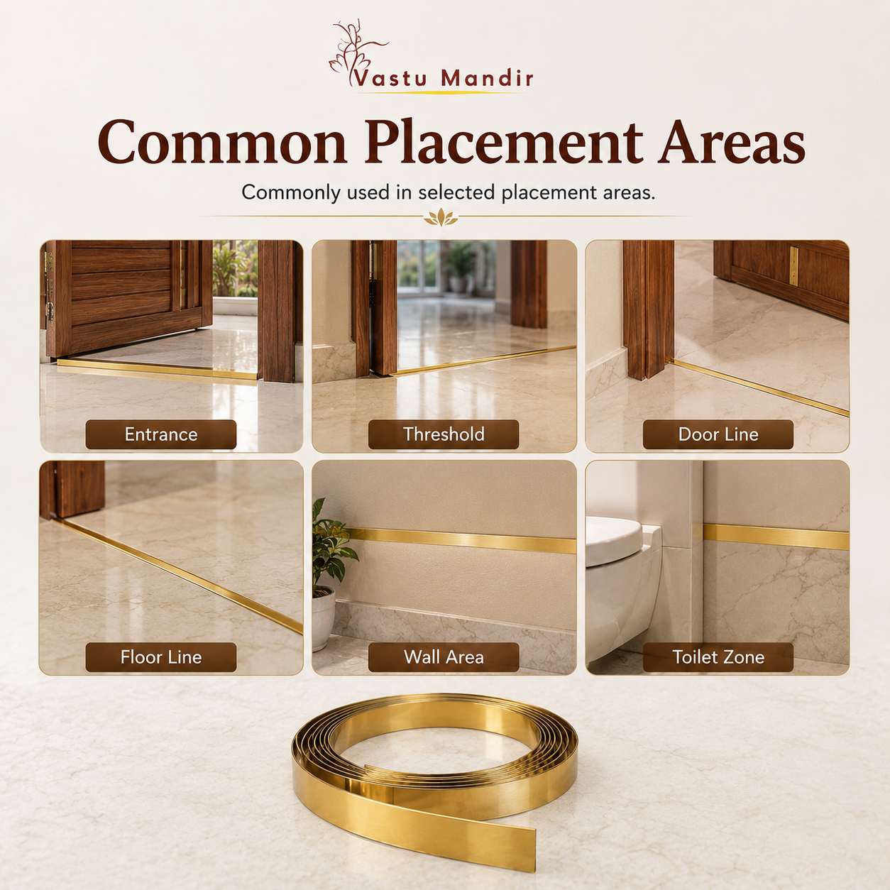 Vastu Mandir product placement guide with gold strip on a beige background