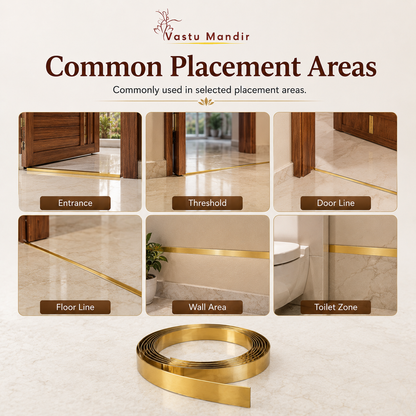 Vastu Mandir product placement guide with gold strip on a beige background