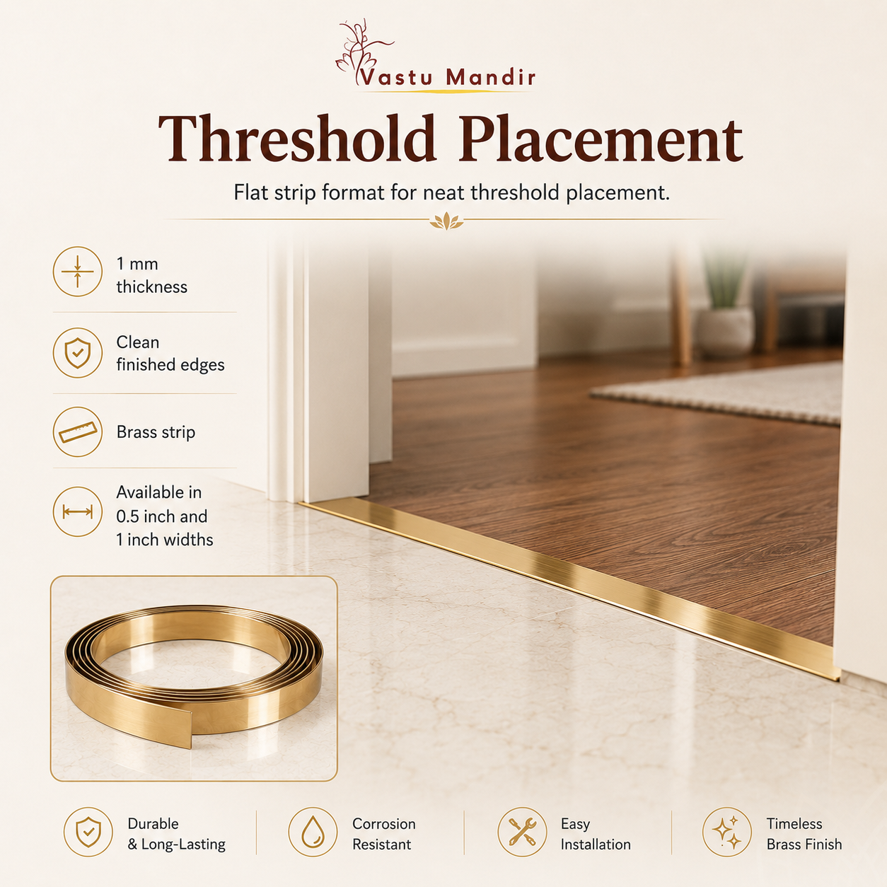 Vastu Mandir Pure Brass Metal Strip  with features and benefits on a white background