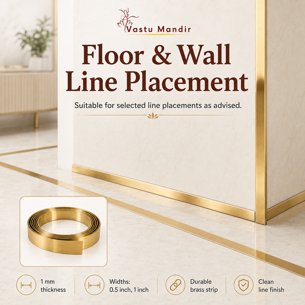 Pure Brass Metal Strip for floor and wall placement with Vastu Mandir branding.