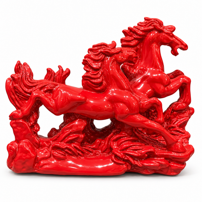 Dynamic 2 Red Running Horses Resin Sculpture Vastu Remedy for Speed, Success and Career Momentum | for Office Desk, Business Spaces and Home Decor | 21 x 16 cm | 385 g