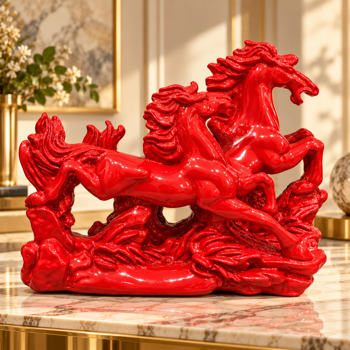 Dynamic 2 Red Running Horses Resin Sculpture Vastu Remedy for Speed, Success and Career Momentum | for Office Desk, Business Spaces and Home Decor | 21 x 16 cm | 385 g