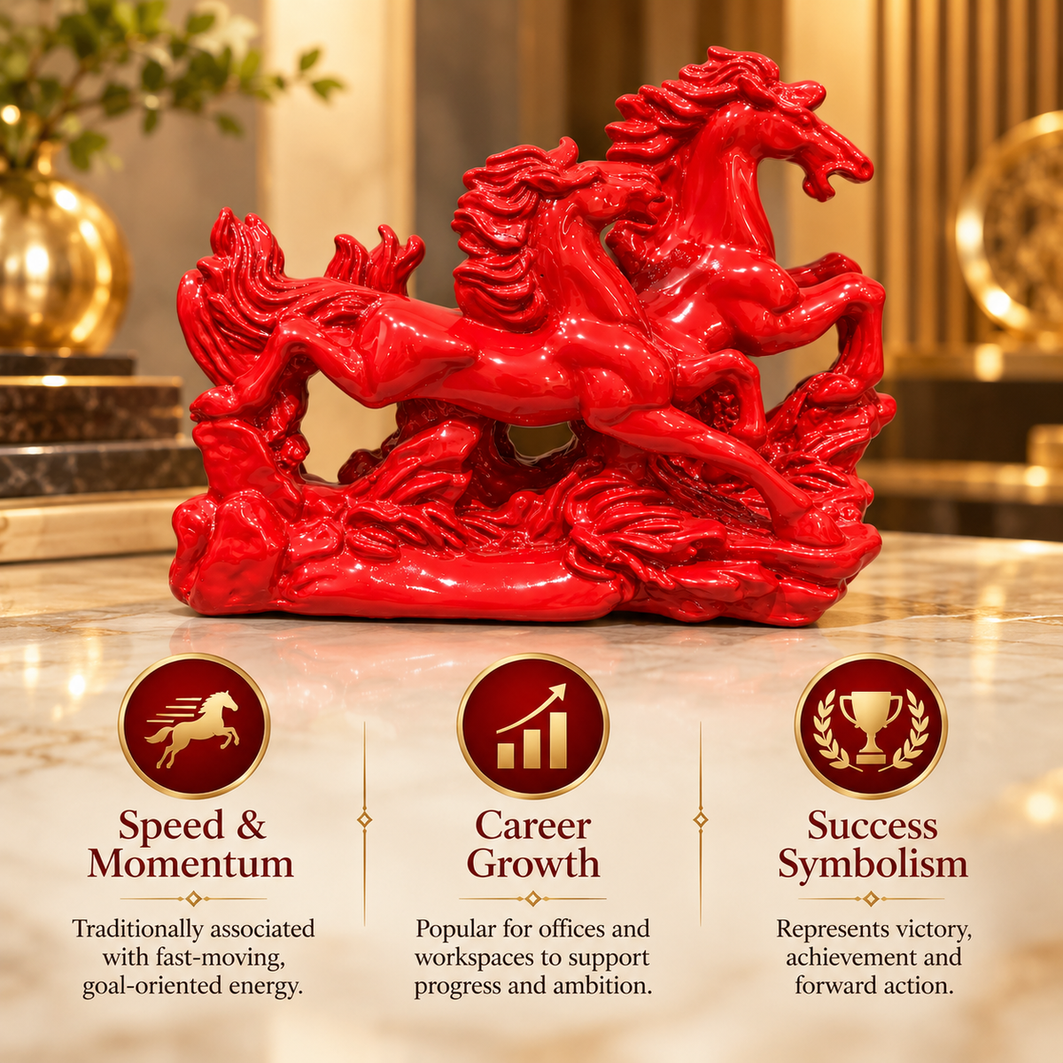 Dynamic 2 Red Running Horses Resin Sculpture Vastu Remedy for Speed, Success and Career Momentum | for Office Desk, Business Spaces and Home Decor | 21 x 16 cm | 385 g