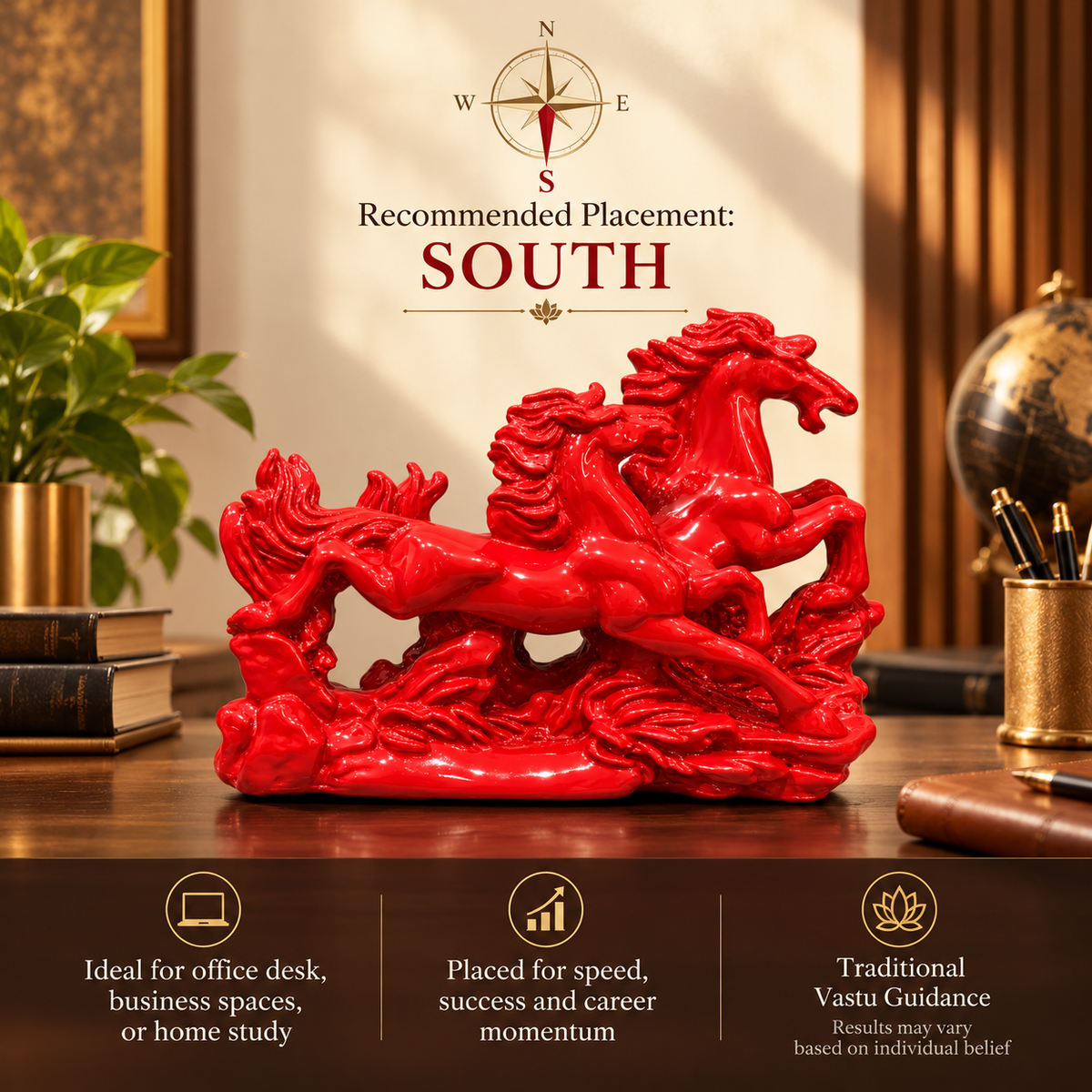 Dynamic 2 Red Running Horses Resin Sculpture Vastu Remedy for Speed, Success and Career Momentum | for Office Desk, Business Spaces and Home Decor | 21 x 16 cm | 385 g