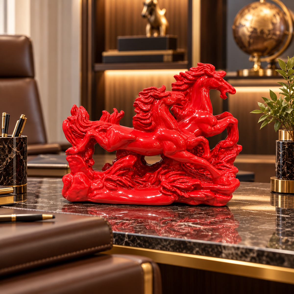 Dynamic 2 Red Running Horses Resin Sculpture Vastu Remedy for Speed, Success and Career Momentum | for Office Desk, Business Spaces and Home Decor | 21 x 16 cm | 385 g