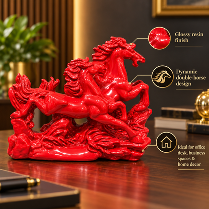 Dynamic 2 Red Running Horses Resin Sculpture Vastu Remedy for Speed, Success and Career Momentum | for Office Desk, Business Spaces and Home Decor | 21 x 16 cm | 385 g