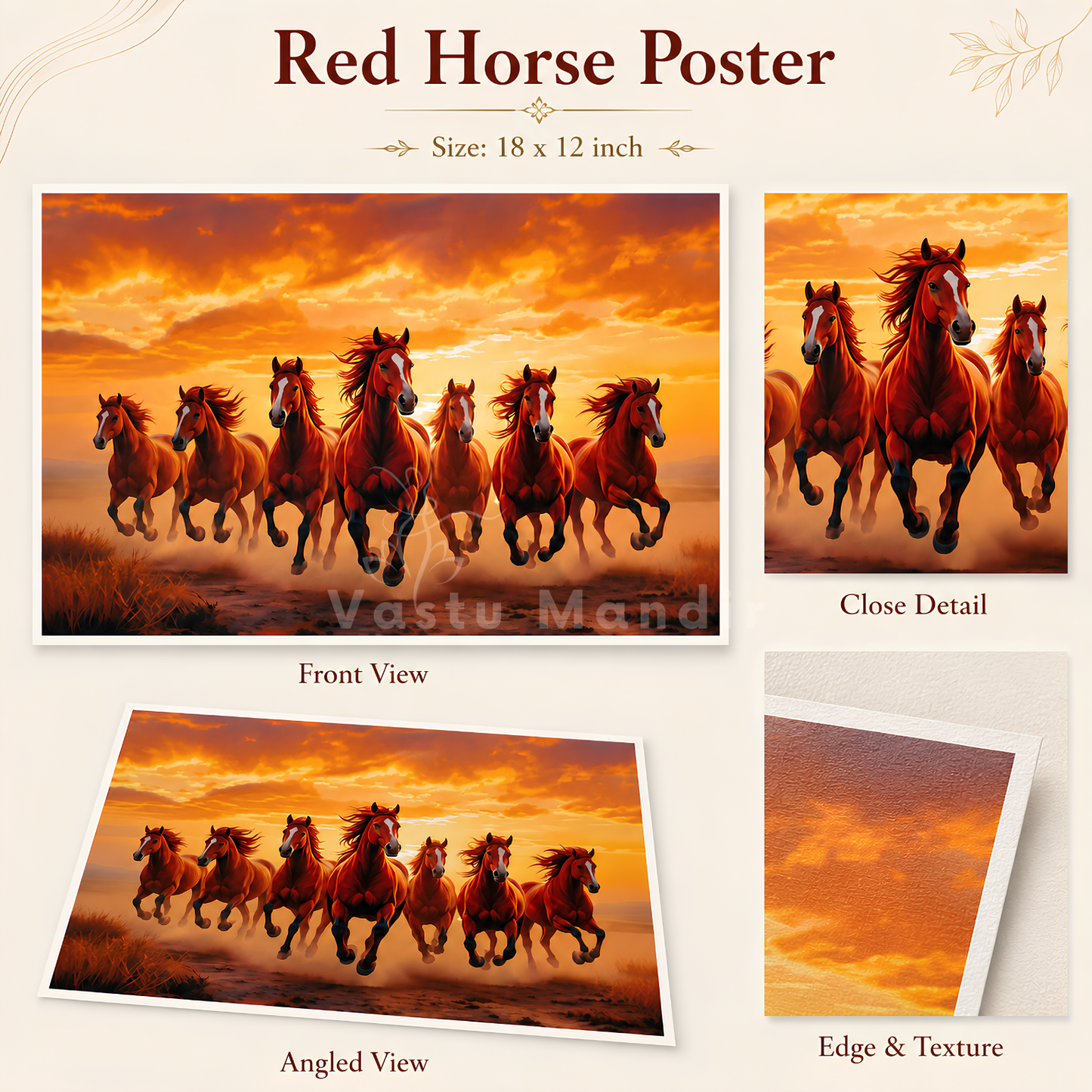 Red Seven Running Horses Painting | Vastu Remedy for Fame, Career Growth & Success Energy | 13 x 9 to 21.3 x 15.5 inches