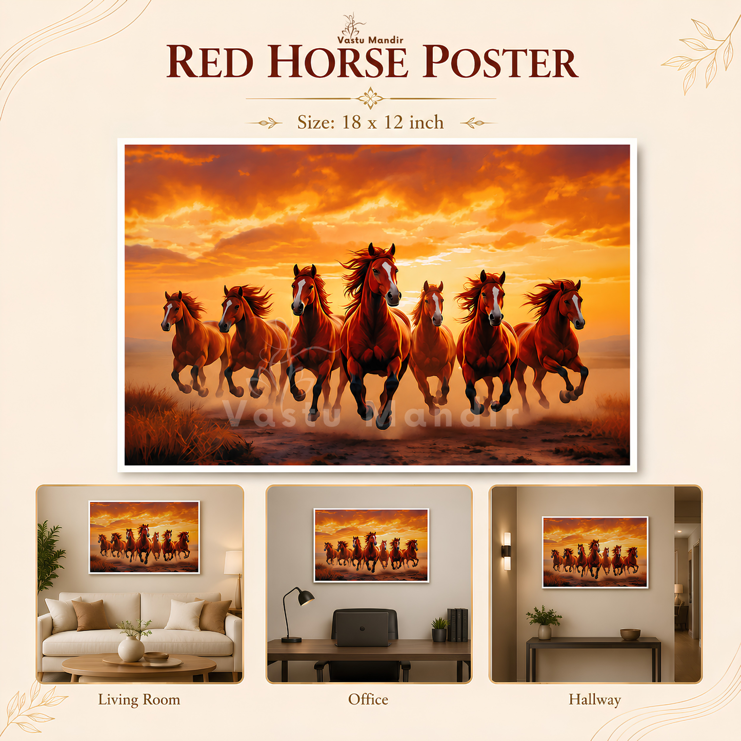 Red Seven Running Horses Painting | Vastu Remedy for Fame, Career Growth & Success Energy | 13 x 9 to 21.3 x 15.5 inches