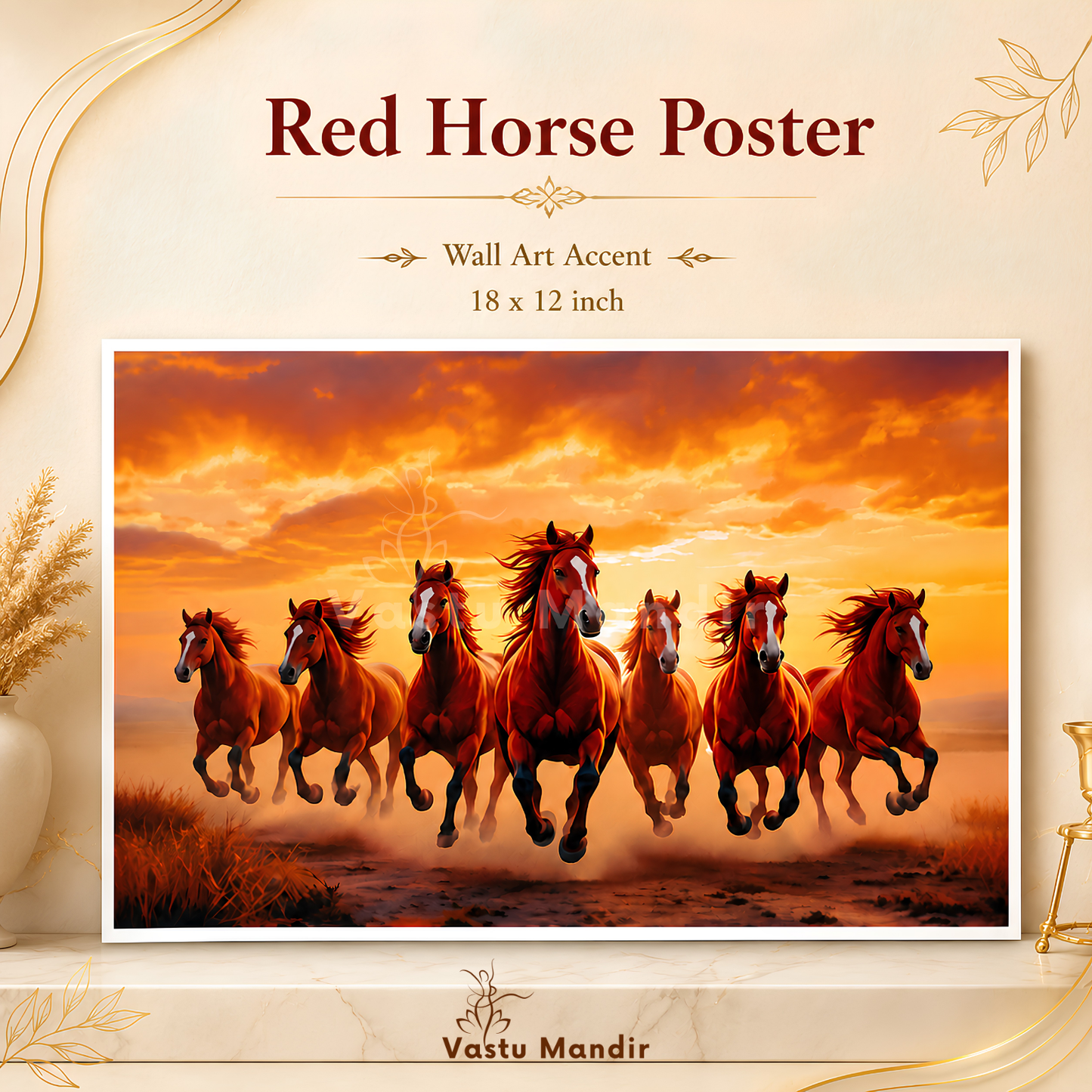 Red Seven Running Horses Painting | Vastu Remedy for Fame, Career Growth & Success Energy | 13 x 9 to 21.3 x 15.5 inches