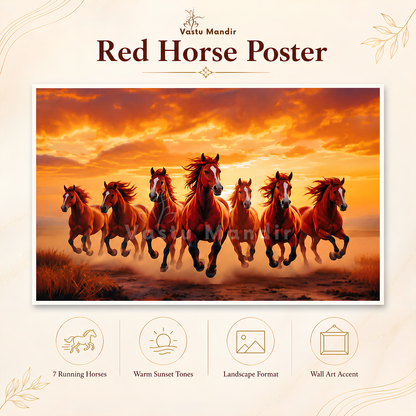 Red Seven Running Horses Painting | Vastu Remedy for Fame, Career Growth & Success Energy | 13 x 9 to 21.3 x 15.5 inches