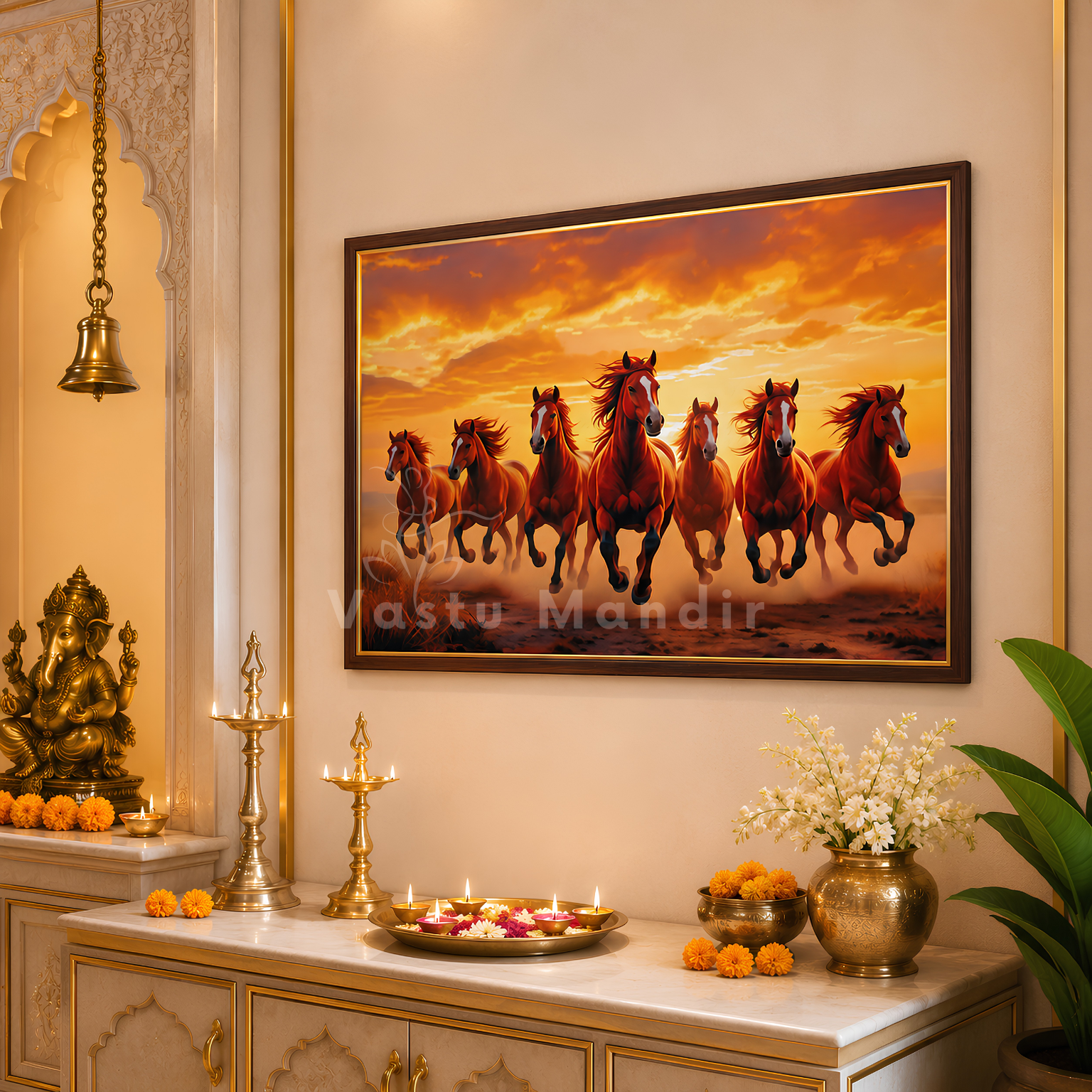 Red seven horses wall art displayed in a modern living room