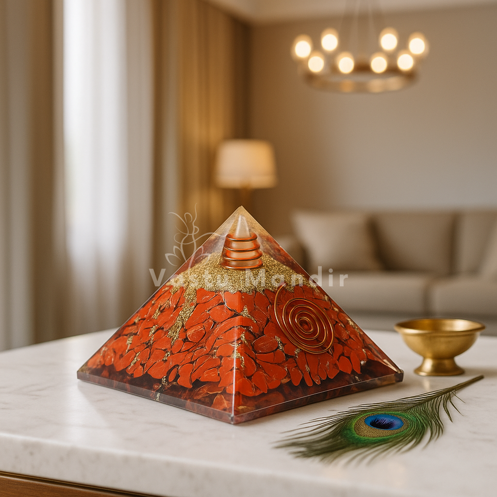 Red Jasper Orgonite Pyramid on a table with a blurred living room background