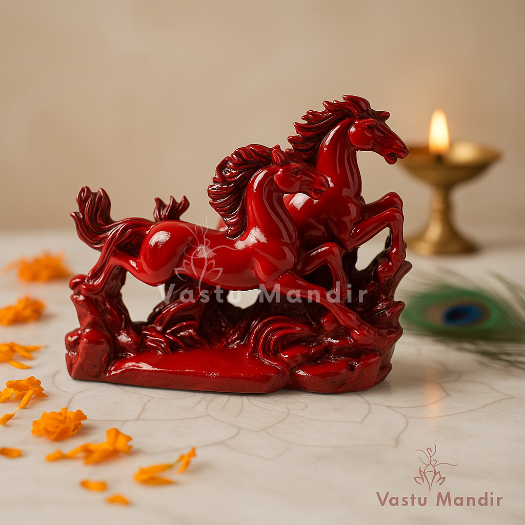 Red horse sculpture with decorative elements on a neutral background